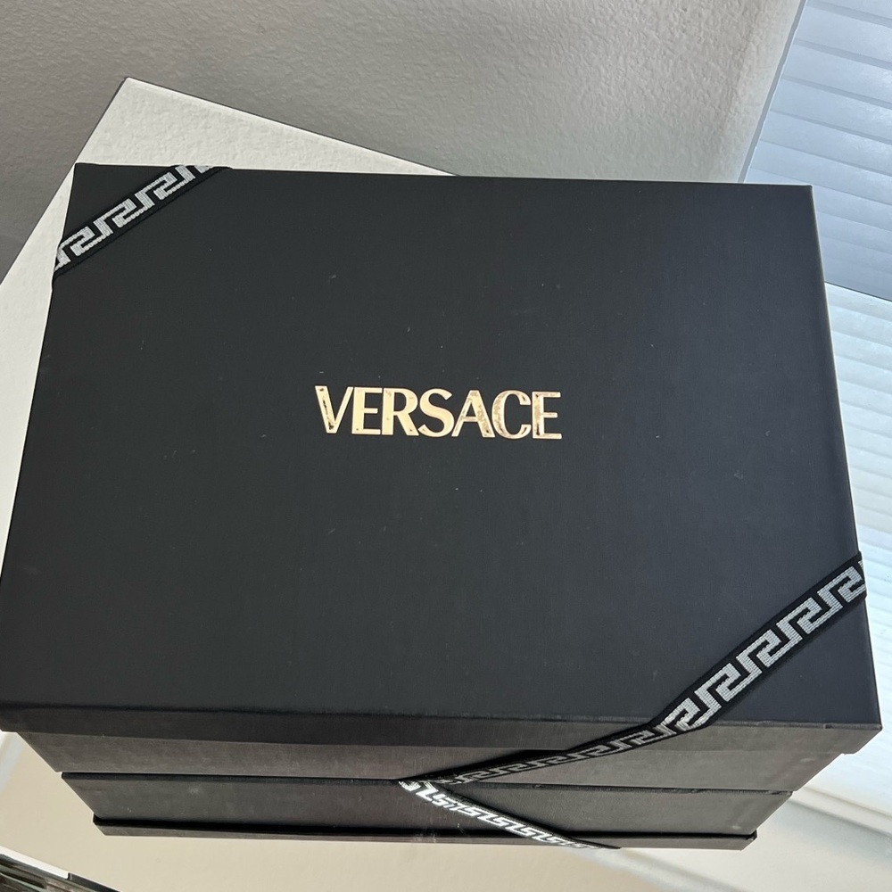 NEW VERSACE ‘95 Medusa Crystals Denim Barocco Print Platform Wedge Sandals 41 - Picture 15 of 16